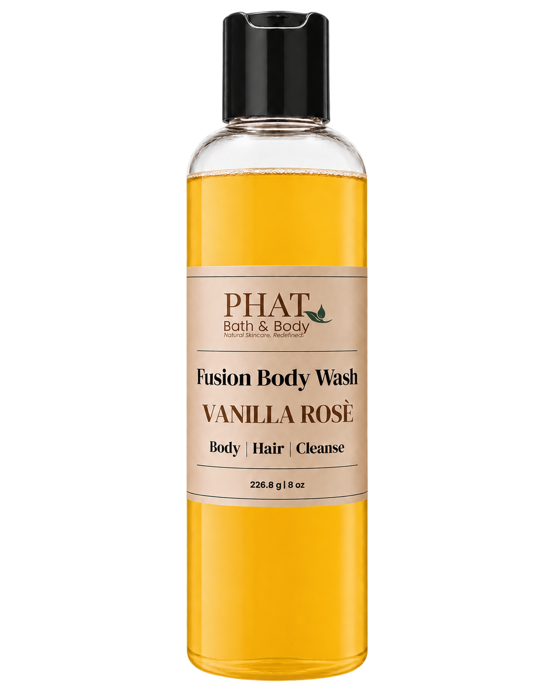 Phat Bath & Body Vanilla Rosè Fusion Body Wash in a clear 8.5 oz bottle with golden body wash and cream label.