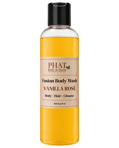 Phat Bath & Body Vanilla Rosè Fusion Body Wash in a clear 8.5 oz bottle with golden body wash and cream label.