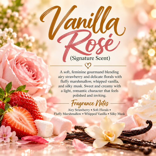 Vanilla Rosé Signature Scent profile featuring airy strawberry, soft florals, fluffy marshmallow, whipped vanilla and silky musk.