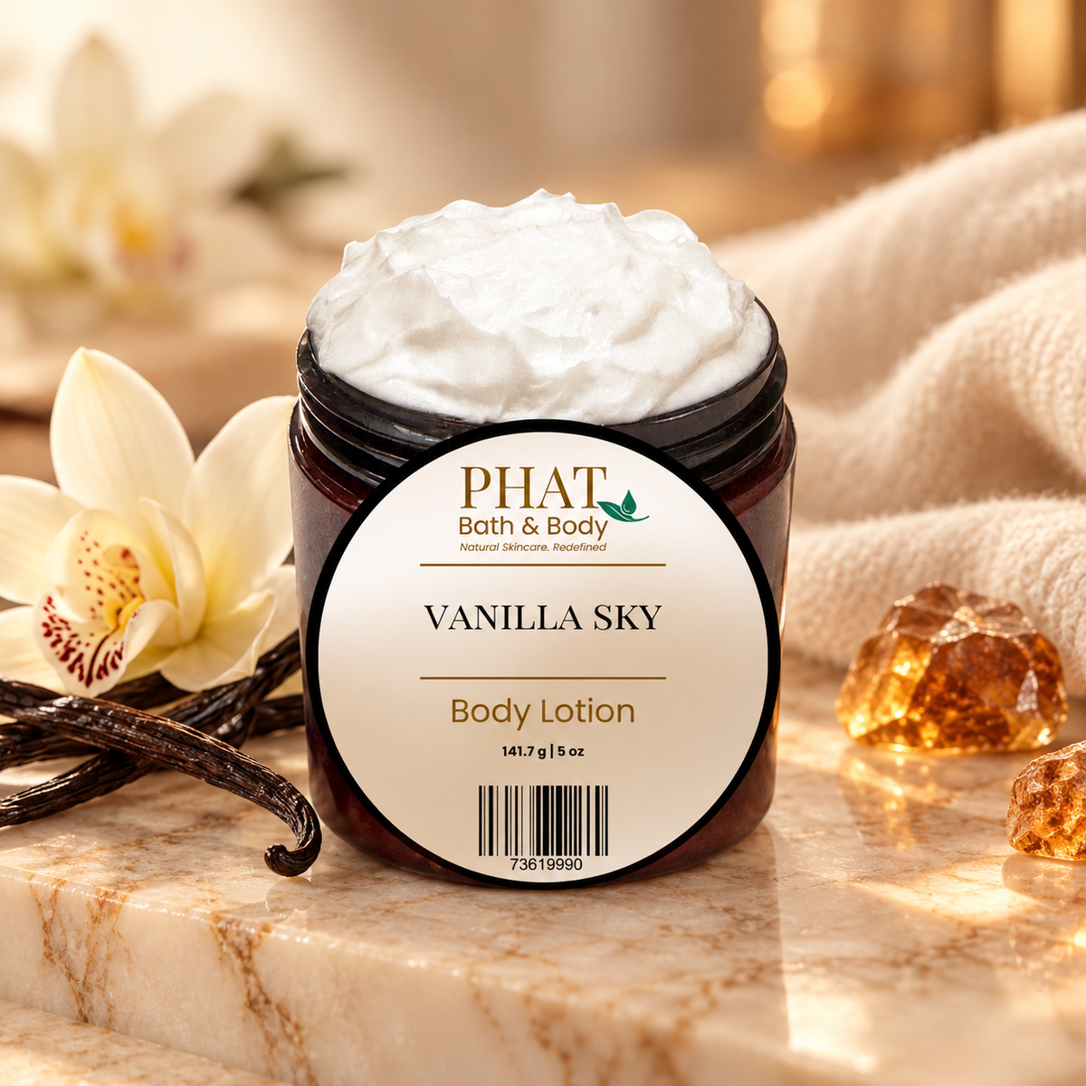 Phat Bath & Body Vanilla Sky Body Lotion styled with creamy vanilla, cashmere, warm amber and sweet caramel.