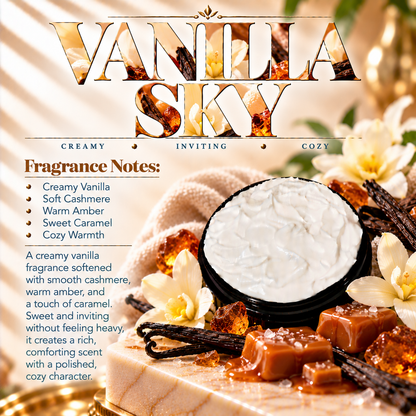 Vanilla Sky body lotion scent profile image by Phat Bath & Body featuring the original open black lotion jar with vanilla, cashmere, amber and caramel accents, with fragrance notes of creamy vanilla, soft cashmere, warm amber, sweet caramel and cozy warmth.