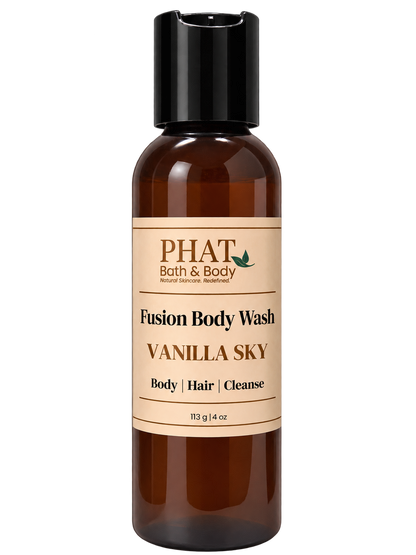 Phat Bath & Body Vanilla Sky Fusion Body Wash in a 4 oz amber bottle with cream label.