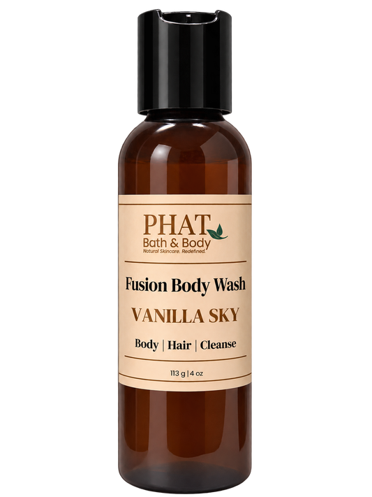 Phat Bath & Body Vanilla Sky Fusion Body Wash in a 4 oz amber bottle with cream label.