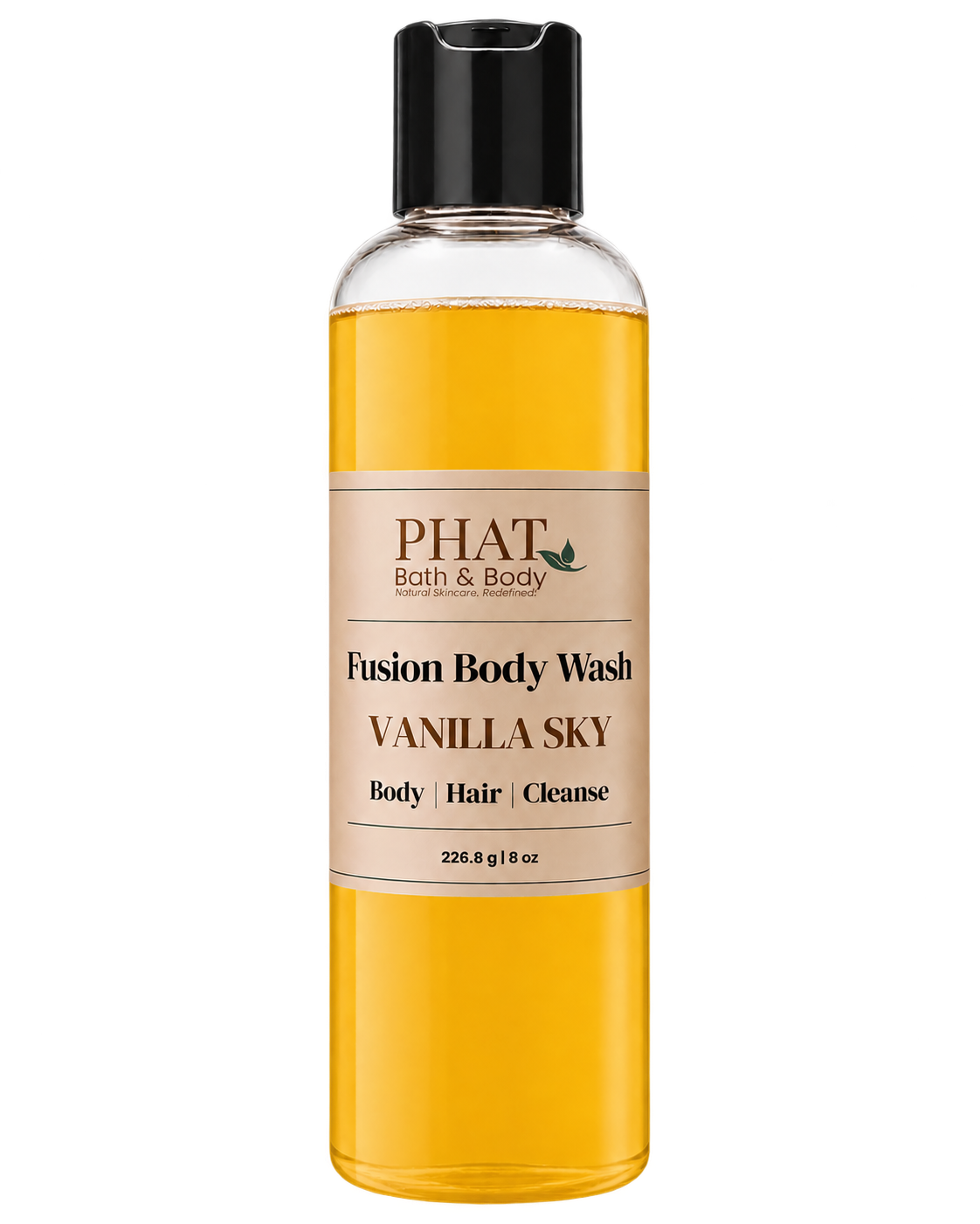 Phat Bath & Body Vanilla Sky Fusion Body Wash in a clear 8.5 oz bottle with golden body wash and cream label.