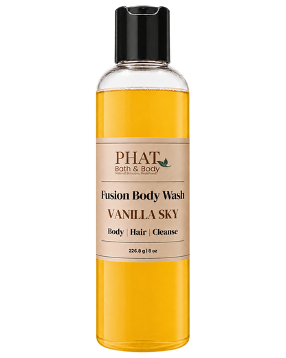 Phat Bath & Body Vanilla Sky Fusion Body Wash in a clear 8.5 oz bottle with golden body wash and cream label.