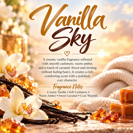 Vanilla Sky scent profile featuring creamy vanilla, soft cashmere, warm amber, sweet caramel and cozy warmth.