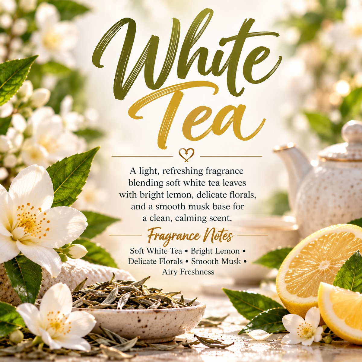 White Tea scent profile featuring soft white tea, bright lemon, delicate florals, smooth musk and airy freshness for a light, calming fragrance.