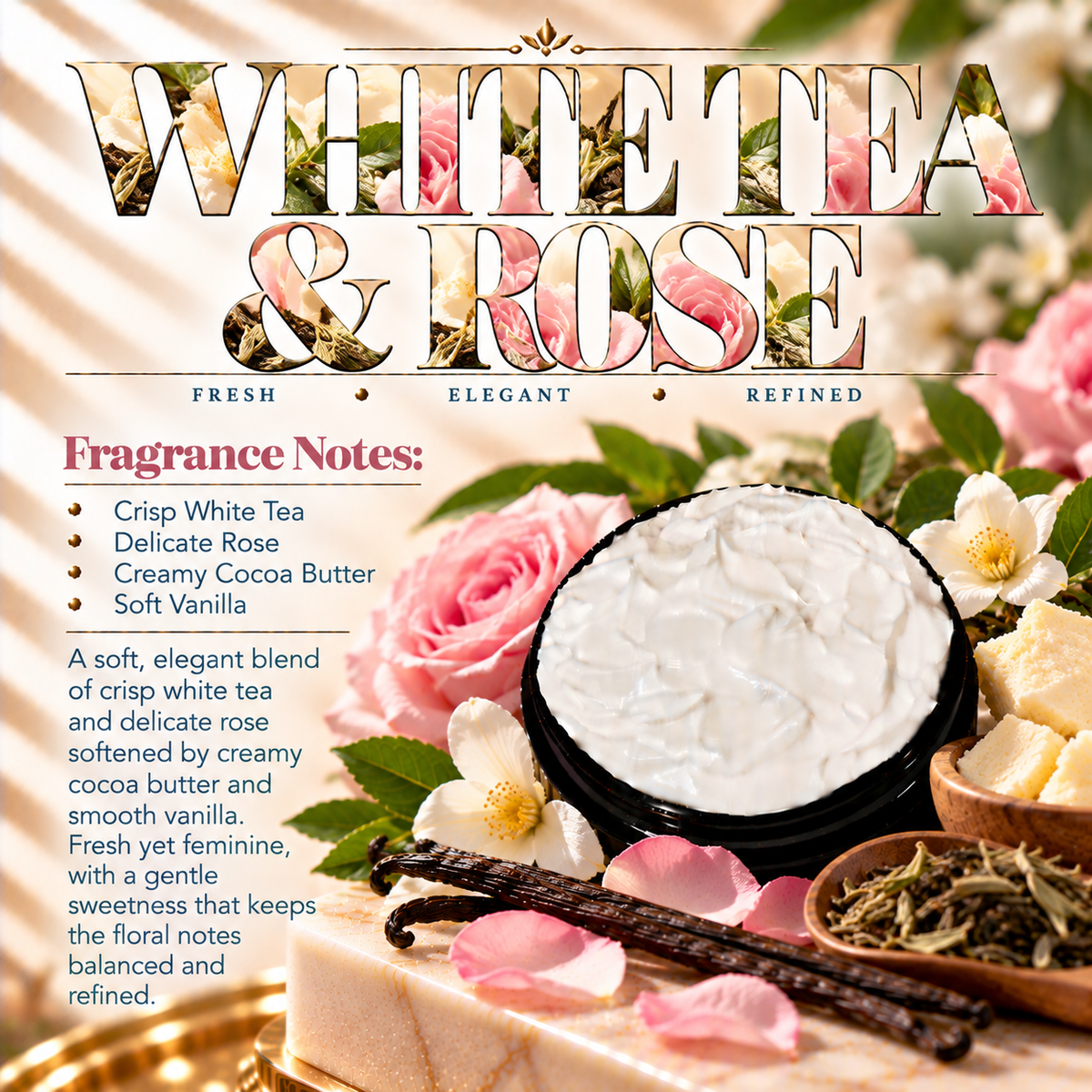 White Tea & Rose body lotion scent profile image by Phat Bath & Body featuring the original open black lotion jar with white tea, delicate rose, cocoa butter and vanilla accents, with fragrance notes of crisp white tea, delicate rose, creamy cocoa butter and soft vanilla.