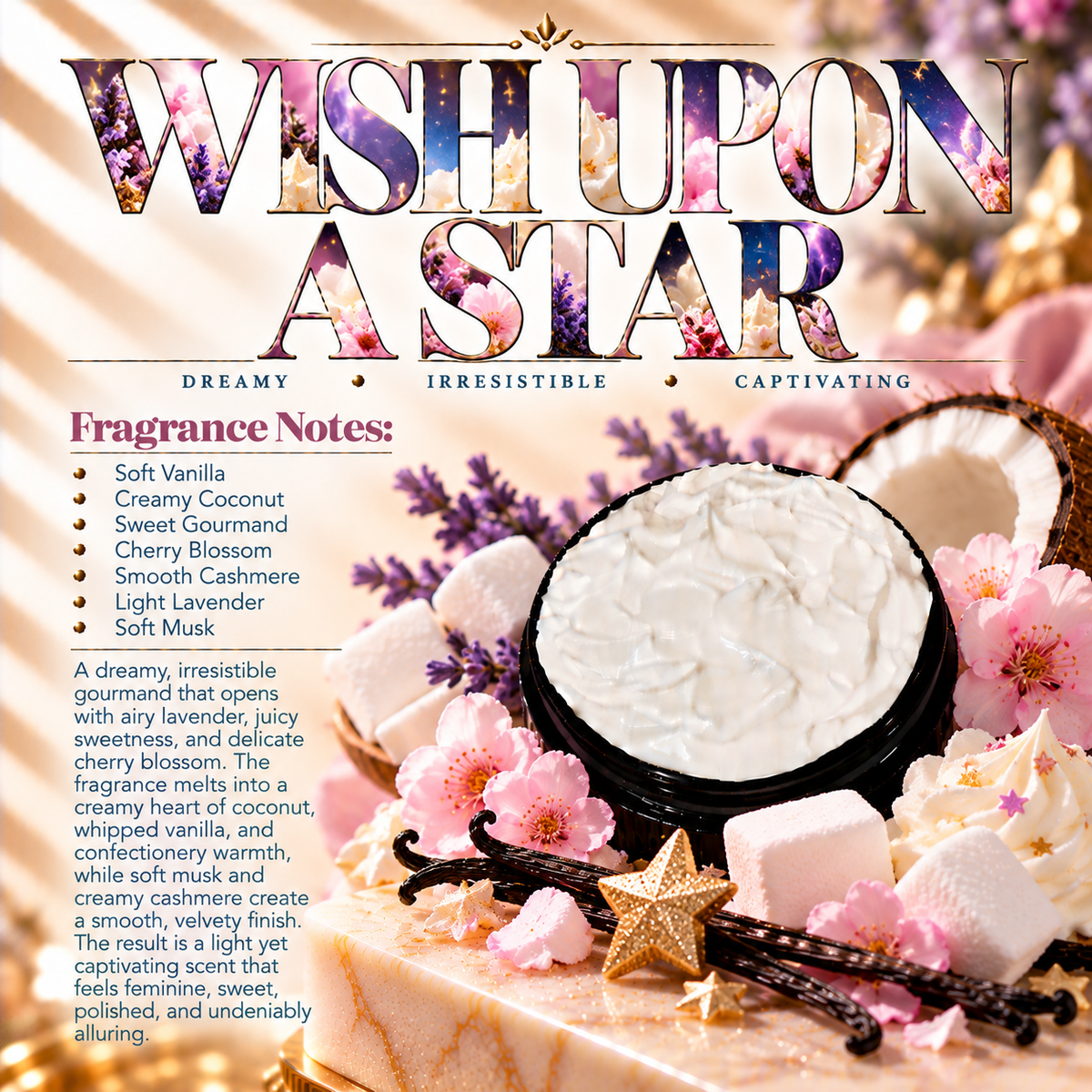 Wish Upon a Star body lotion scent profile image by Phat Bath & Body featuring the original open black lotion jar with lavender, cherry blossom, coconut, vanilla, cashmere and soft musk accents, with fragrance notes of soft vanilla, creamy coconut, sweet gourmand, cherry blossom, smooth cashmere, light lavender and soft musk.