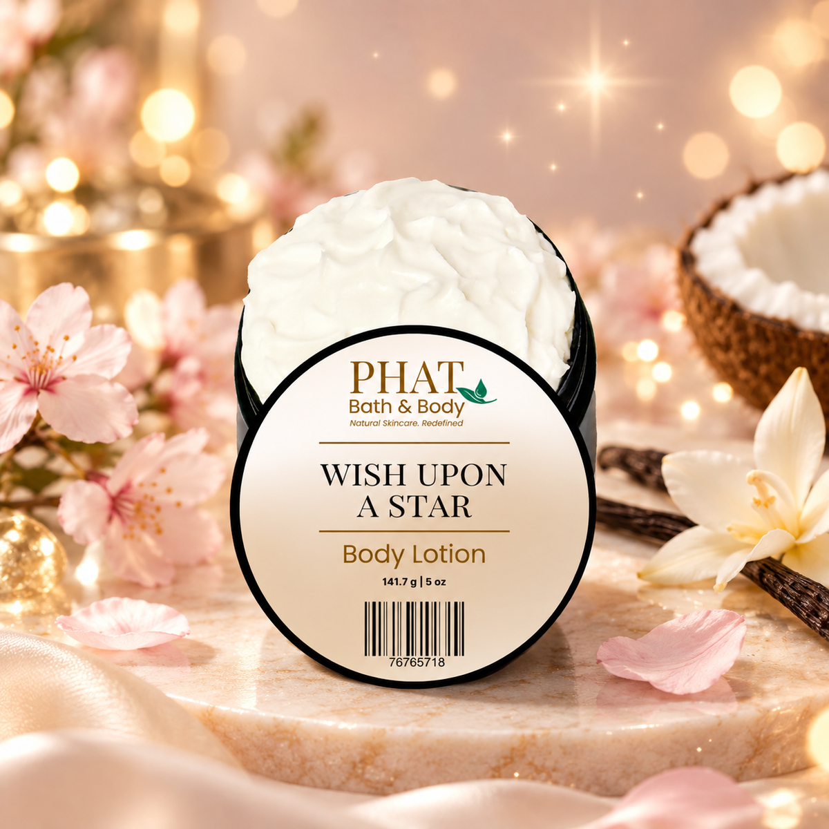Phat Bath & Body Wish Upon a Star Body Lotion styled with cherry blossom, vanilla, coconut, cashmere and soft luminous accents.