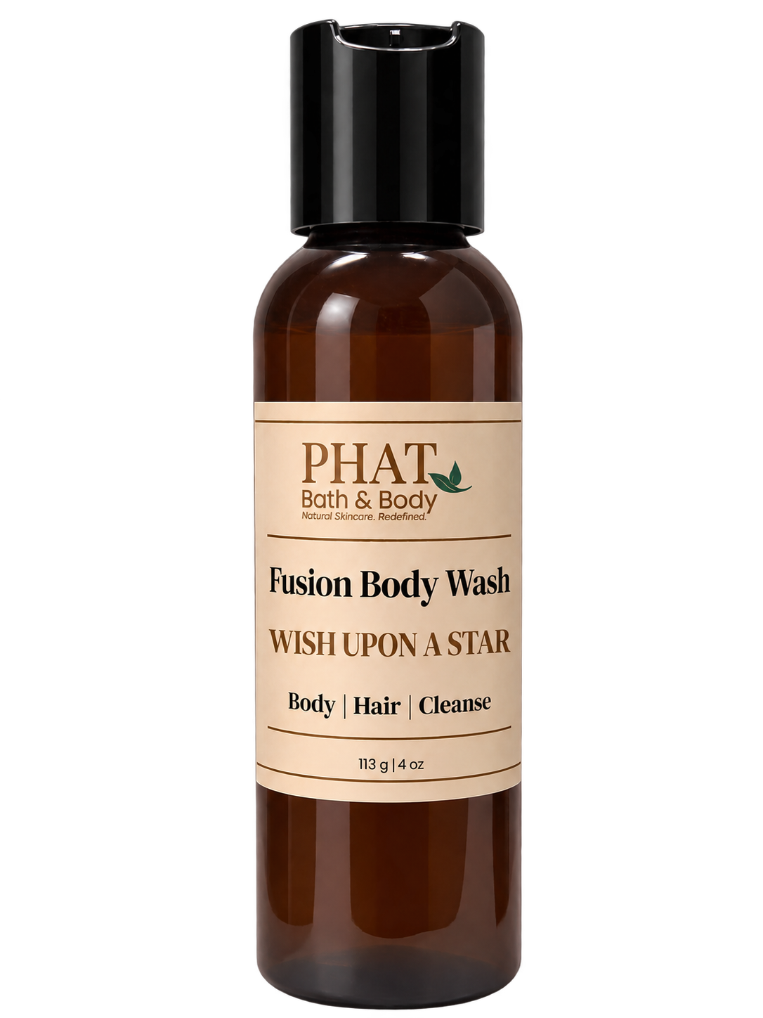Phat Bath & Body Wish Upon a Star Fusion Body Wash in a 4 oz amber bottle with cream label.