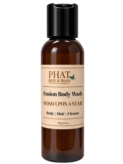 Phat Bath & Body Wish Upon a Star Fusion Body Wash in a 4 oz amber bottle with cream label.