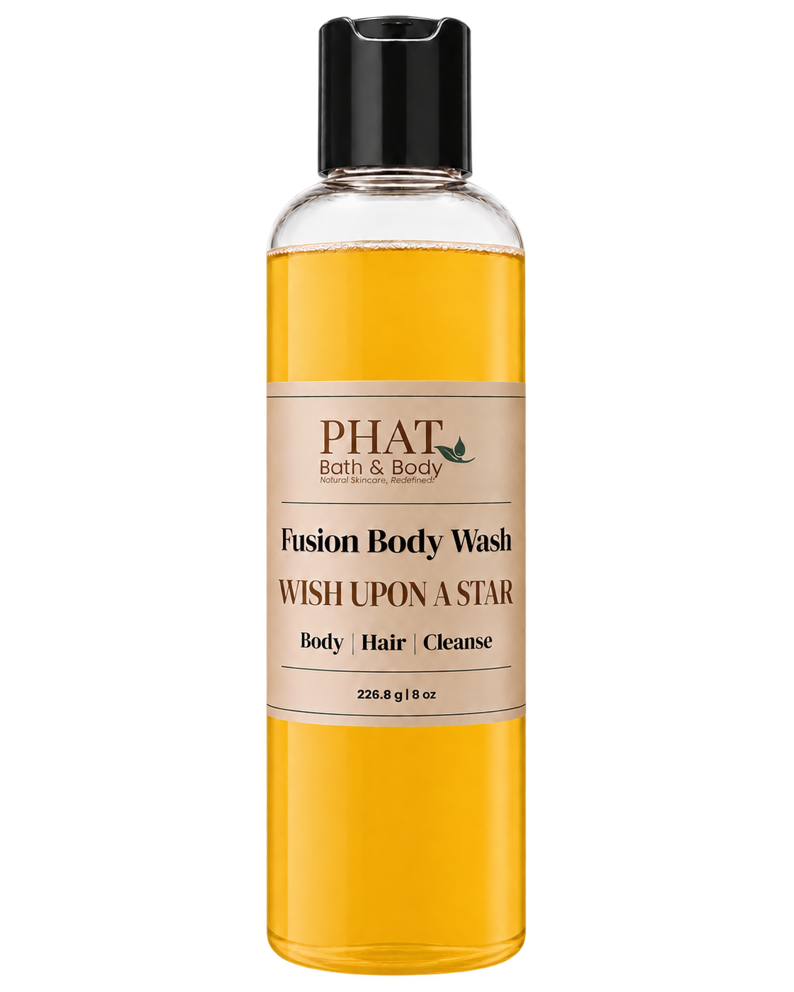 Phat Bath & Body Wish Upon a Star Fusion Body Wash in a clear 8.5 oz bottle with golden body wash and cream label.