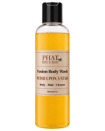 Phat Bath & Body Wish Upon a Star Fusion Body Wash in a clear 8.5 oz bottle with golden body wash and cream label.