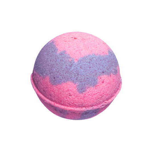 Pink and purple bath bomb on a white background