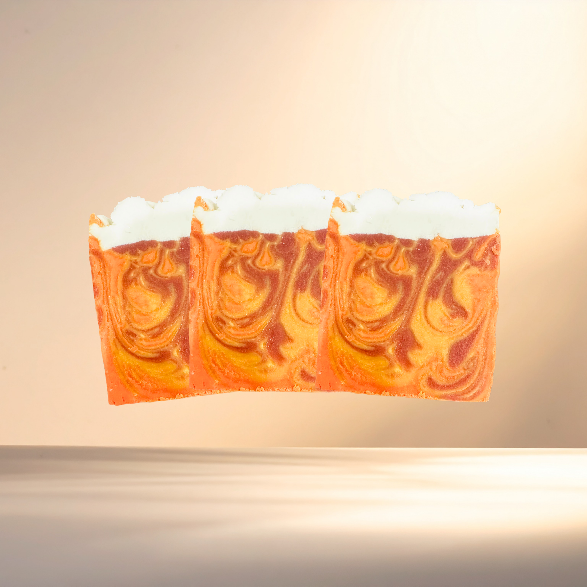 Bar of soap with orange and white swirl pattern on a beige background