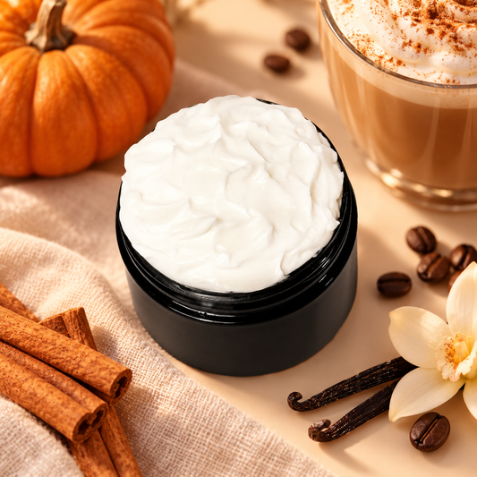 Open jar of Phat Bath & Body Pumpkin Latte Body Lotion with creamy white lotion styled with pumpkin, coffee, cinnamon, nutmeg, and vanilla.