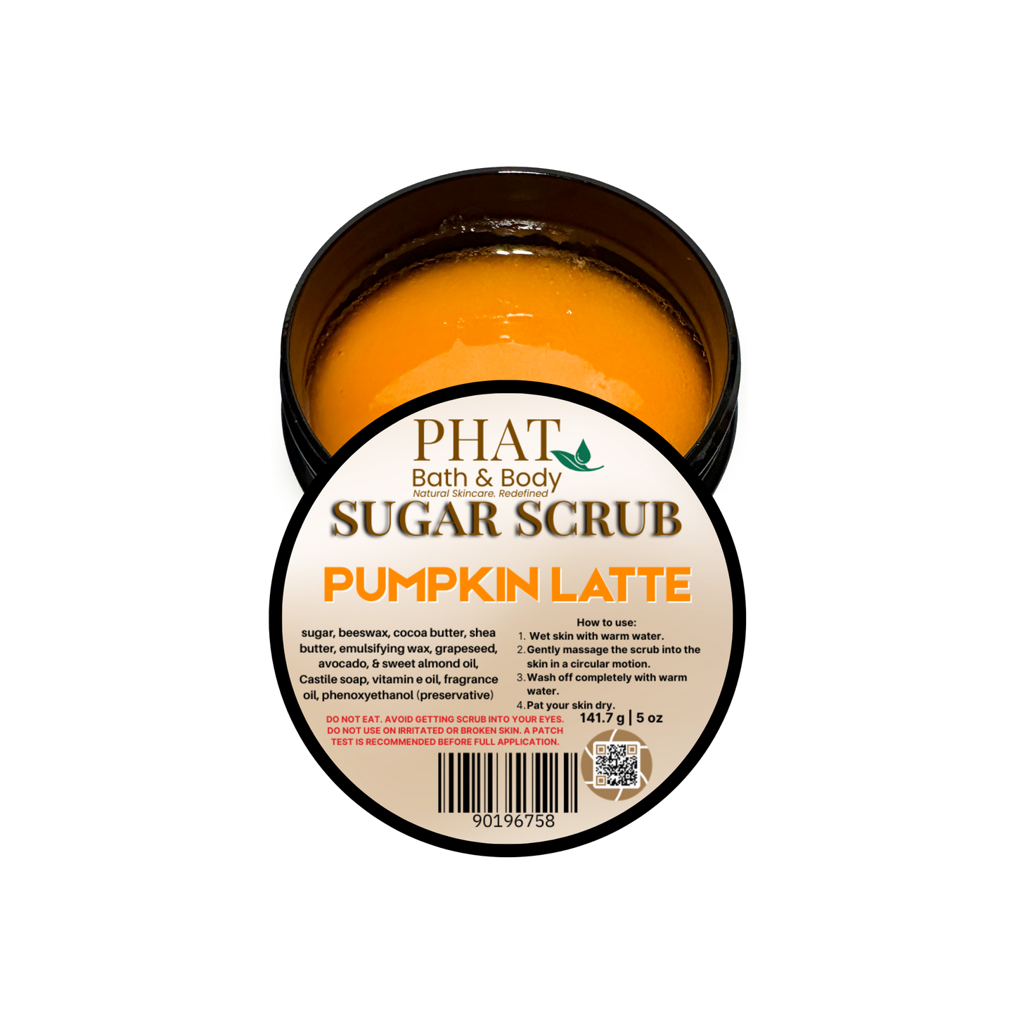 Jar of pumpkin latte sugar scrub with 'Phat Bath & Body' label on a white background
