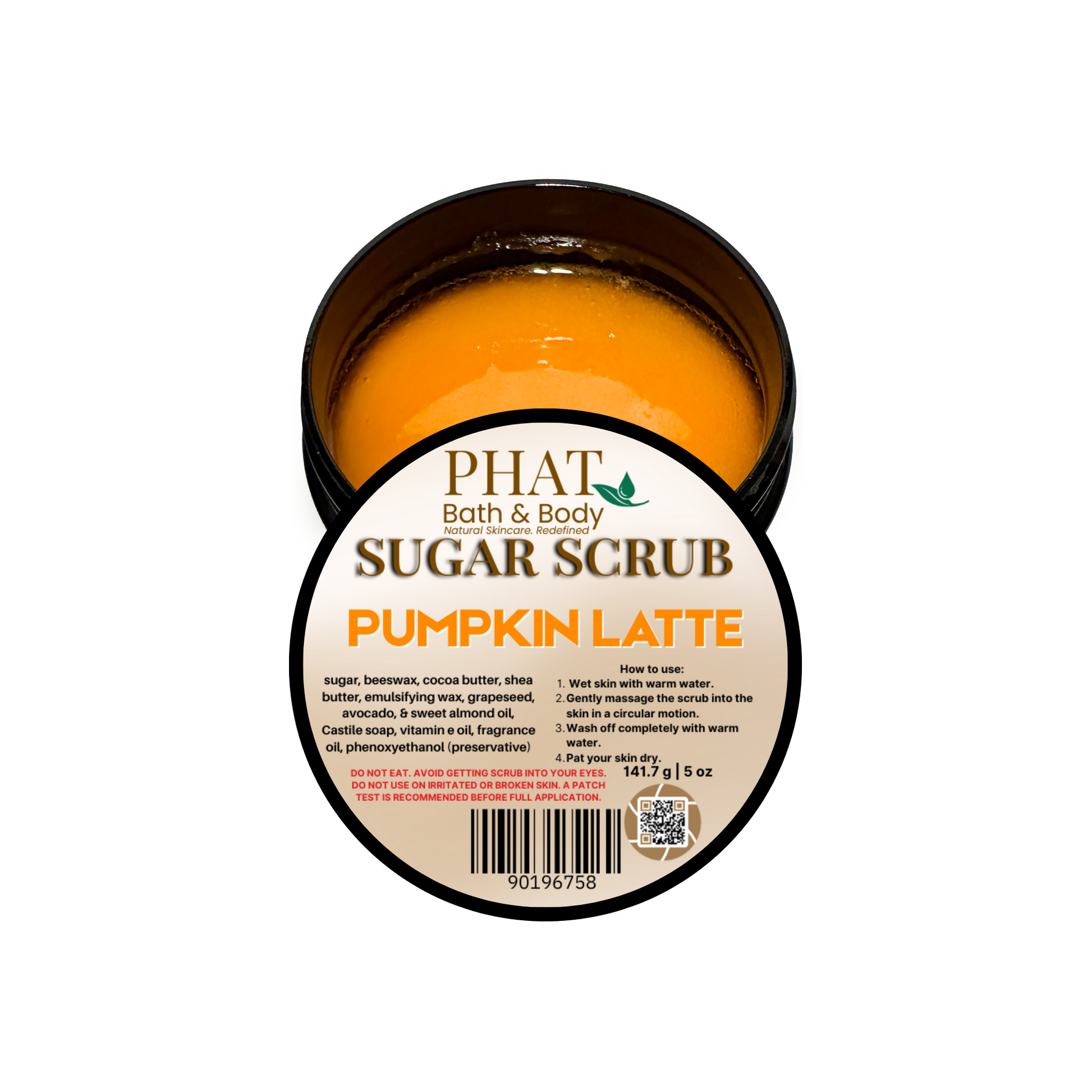 Jar of pumpkin latte sugar scrub with 'Phat Bath & Body' label on a white background