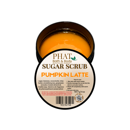 Jar of pumpkin latte sugar scrub with 'Phat Bath & Body' label on a white background