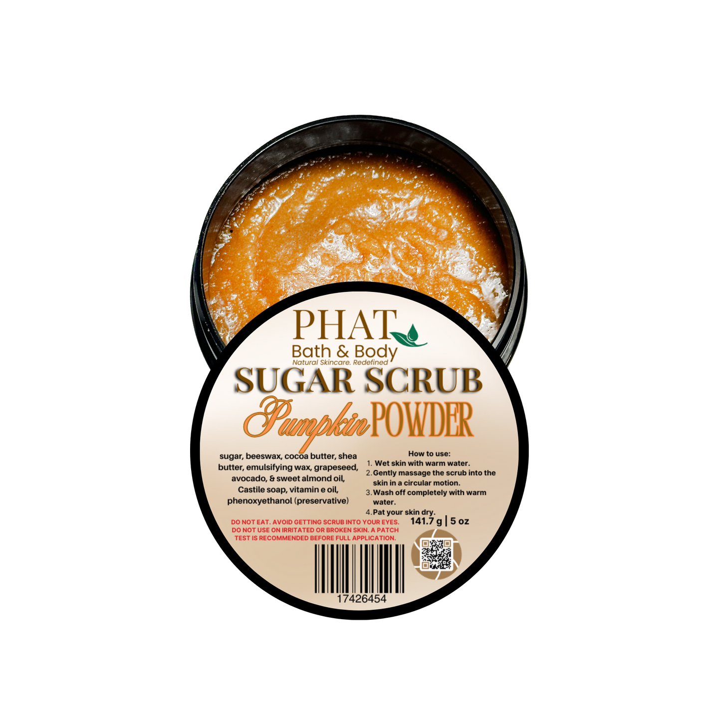 Pumpkin powder sugar scrub with 'Phat Bath & Body' label on a white background