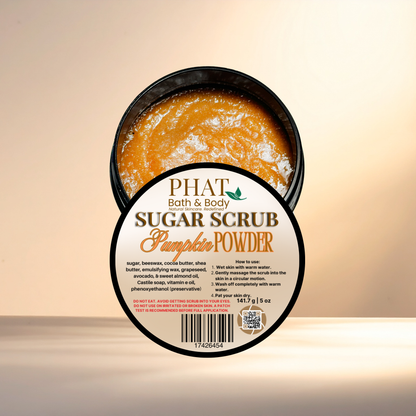 Pumpkin powder sugar scrub with Phat & Body branding on a beige background