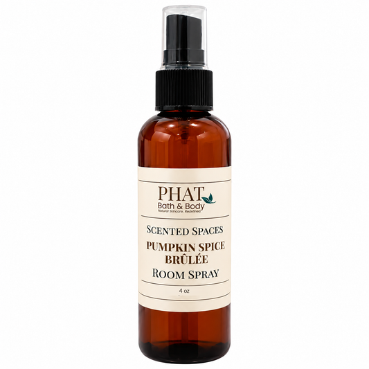 Phat Bath & Body Pumpkin Spice Brûlée Room Spray in a 4 oz amber bottle with a black spray pump, clear cap, and cream label. A cozy home fragrance featuring caramelized crème brûlée, spiced pumpkin, creamy vanilla, and warm sugar.