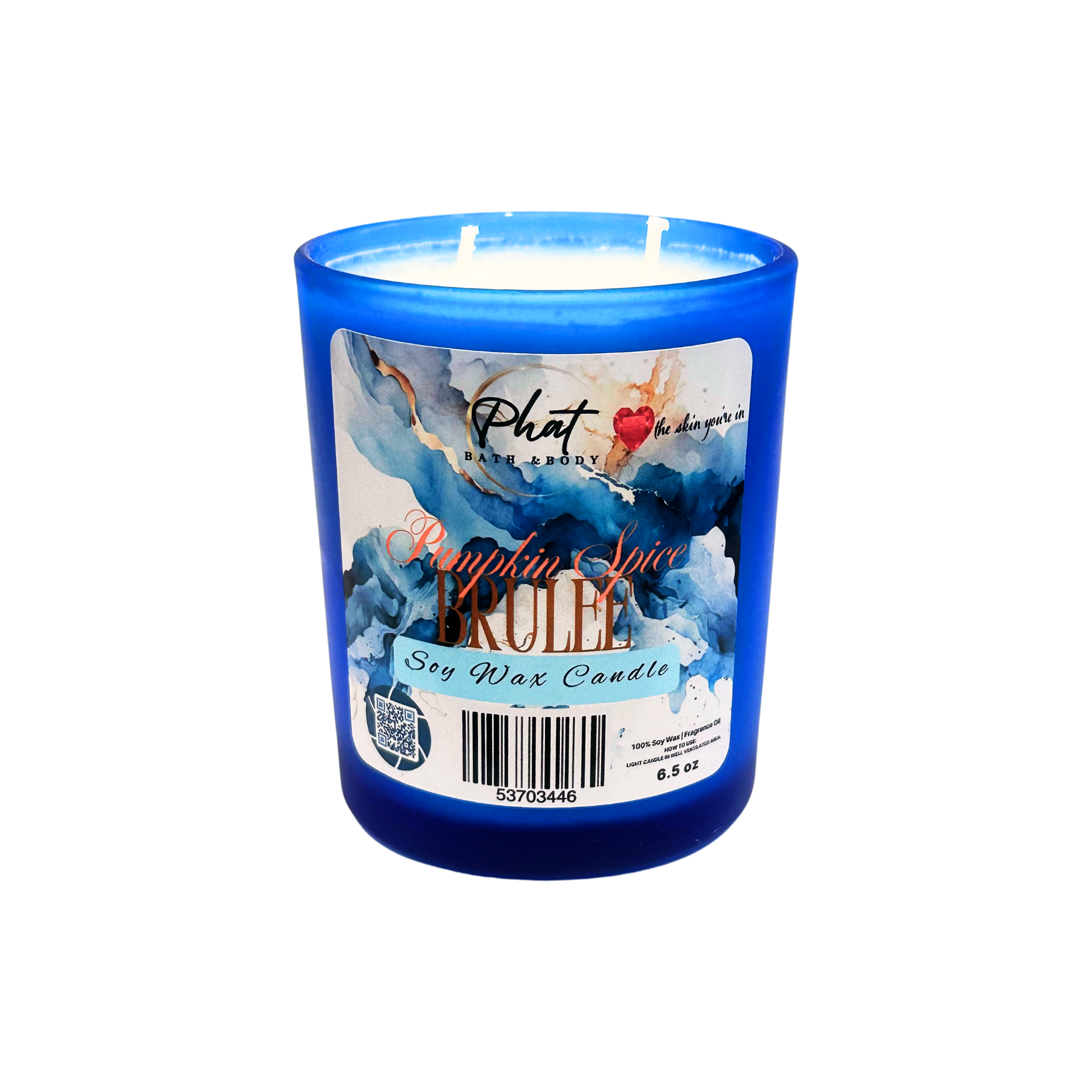 Blue candle with a label on a white background