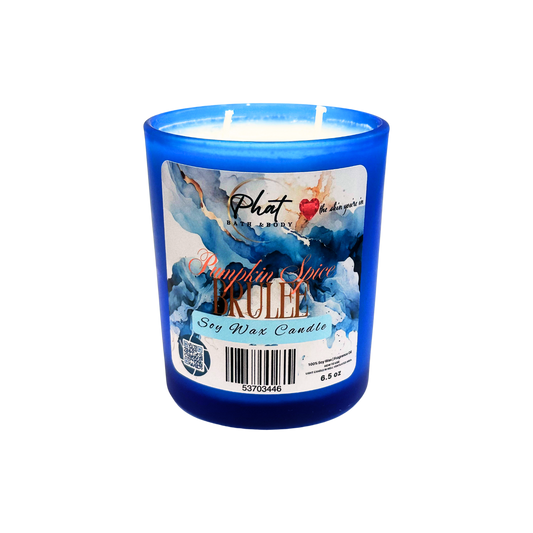 Blue candle with a label on a white background
