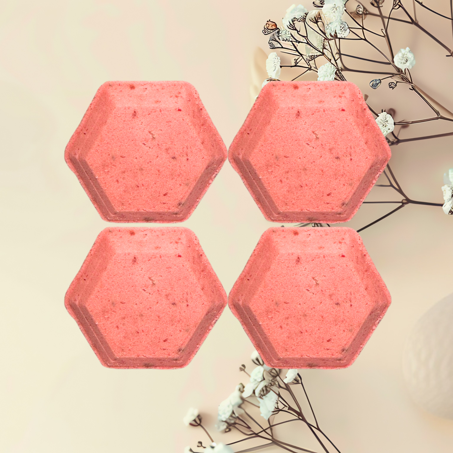 Four hexagonal pink steamers on a beige background with white flowers.