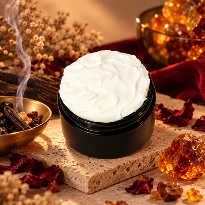 Open jar of Phat Bath & Body Queen of Dragons Body Lotion with creamy white lotion styled with amber resin, incense, earthy woods, and deep red accents.
