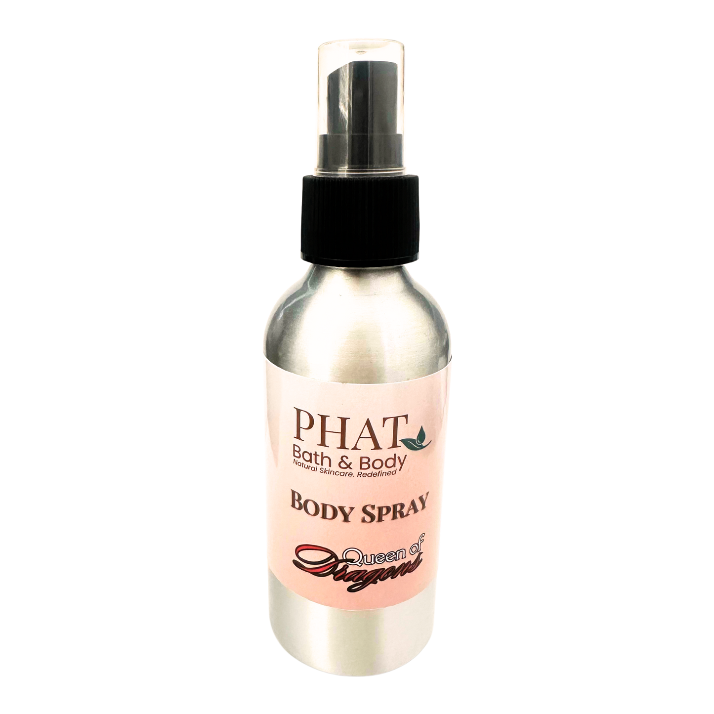 Body spray bottle with pink label on a white background