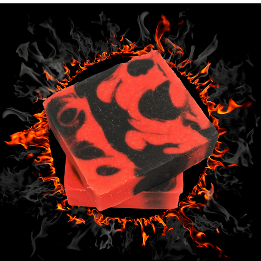 Red and black soap bar with flames on a black background
