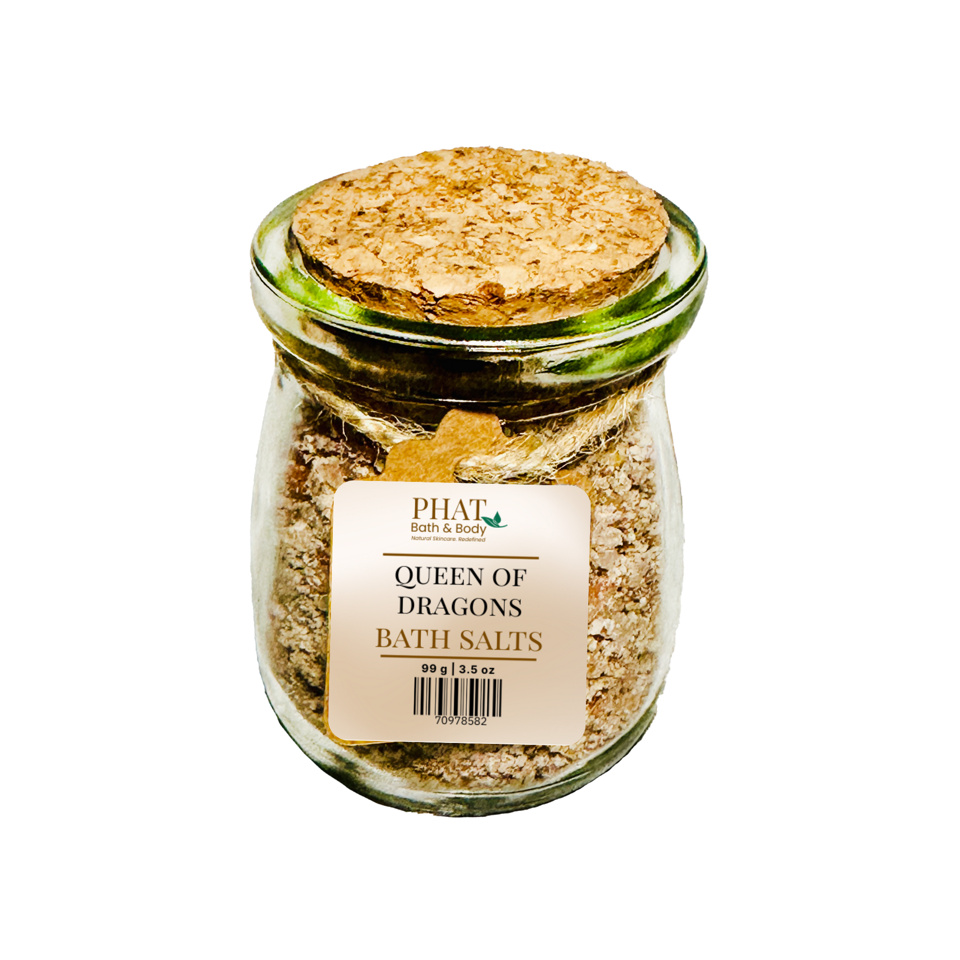 Jar of 'Queen of Dragons' bath salts with a cork lid on a white background
