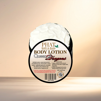 Body lotion container labeled 'Queen of Dragons' by Phat Bath & Body on a gradient background