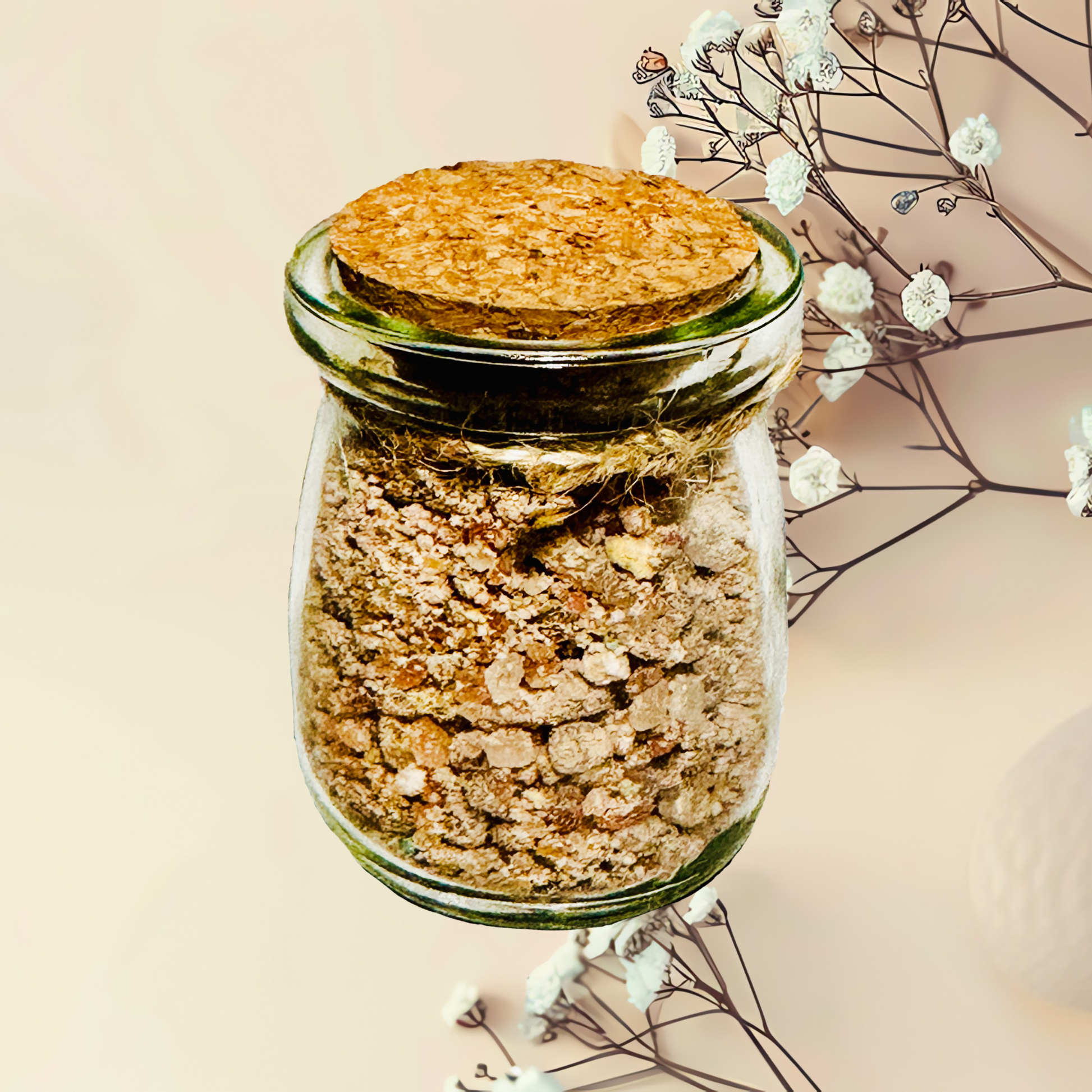 Glass jar with cork lid containing bath salts, surrounded by delicate flowers on a light background