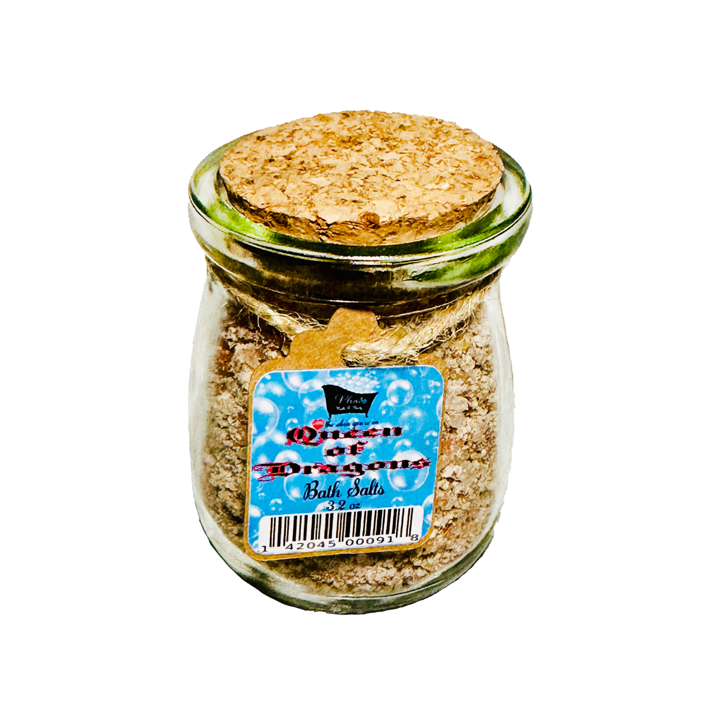 Jar of 'Queen of Dragons' bath salts with a cork lid on a white background