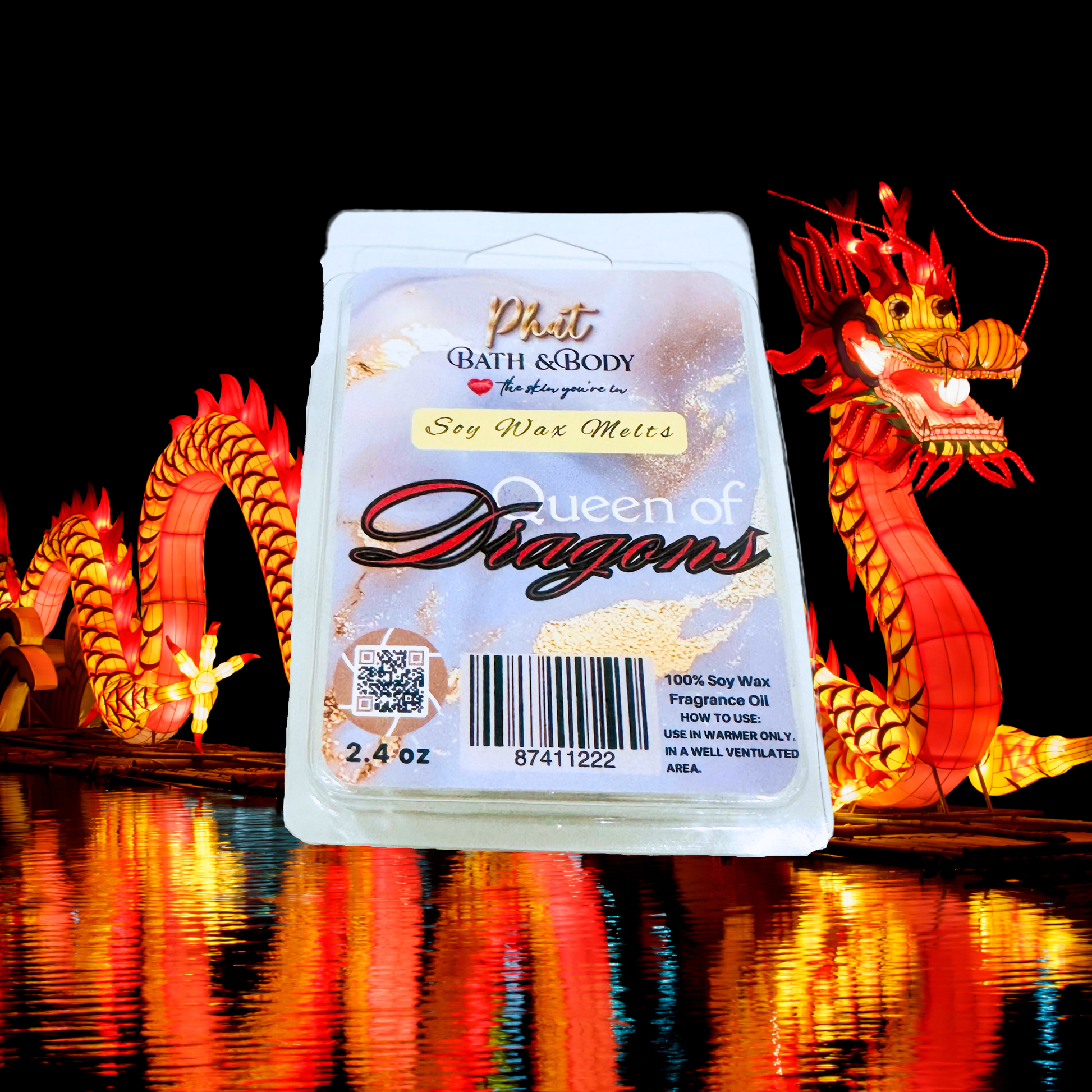 Phat Bath & Body soy wax melt packaging with decorative dragons in the background