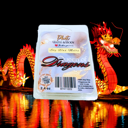 Phat Bath & Body soy wax melt packaging with decorative dragons in the background