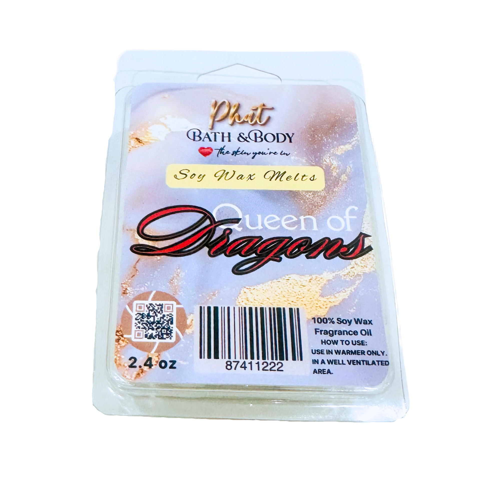 Pack of Phat Bath & Body Soy Wax Melts labeled 'Queen of Dragons' on a white background