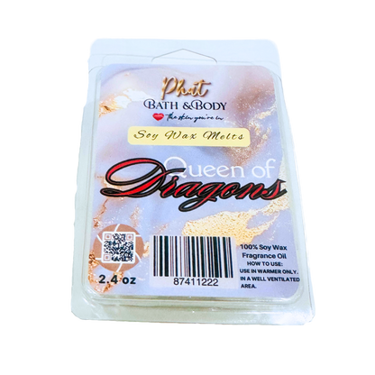 Pack of Phat Bath & Body Soy Wax Melts labeled 'Queen of Dragons' on a white background