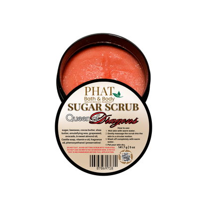 Jar of sugar scrub with visible brand name on a white background