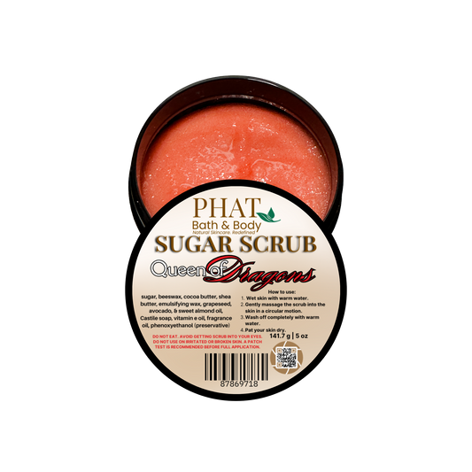 Jar of sugar scrub with visible brand name on a white background