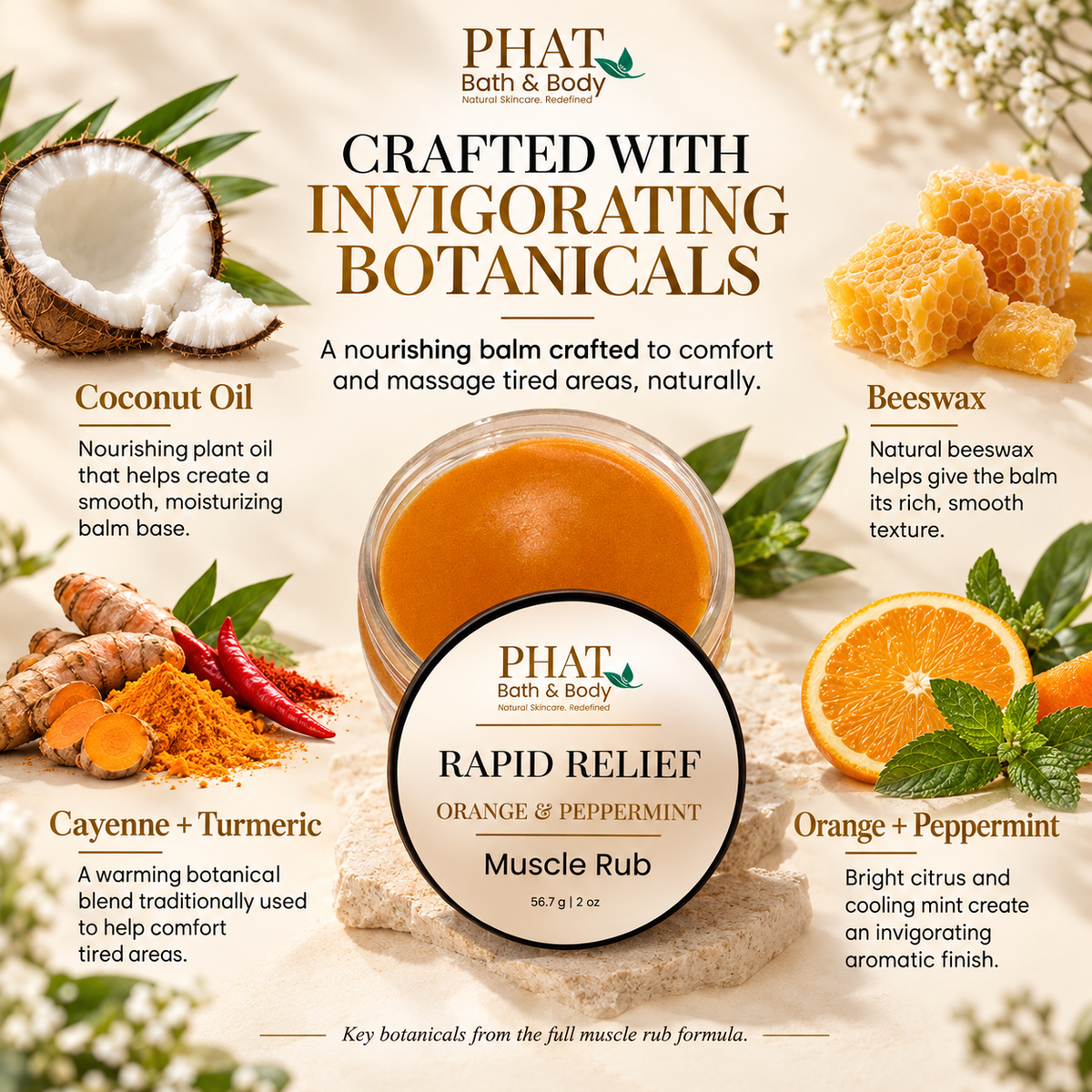 Rapid Relief Muscle Rub botanical ingredient guide featuring coconut oil, beeswax, cayenne pepper, turmeric, orange, and peppermint. Explains the moisturizing balm base, warming botanicals, and refreshing citrus-mint aroma.