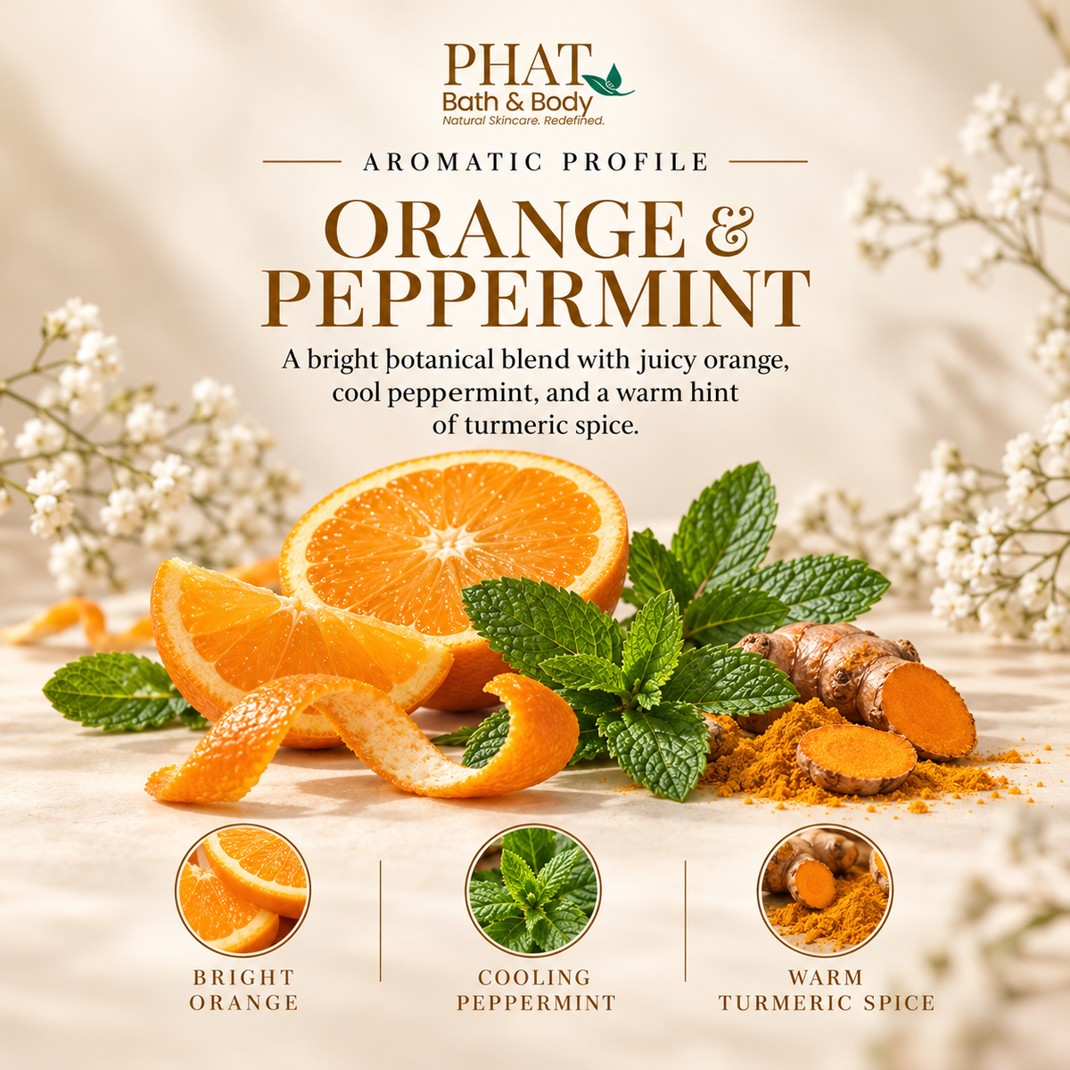 Orange and Peppermint aromatic profile for Phat Bath & Body Rapid Relief Muscle Rub, featuring fresh orange slices, green peppermint leaves, and turmeric. A bright citrus and cooling mint fragrance profile with a warm, earthy spice accent.