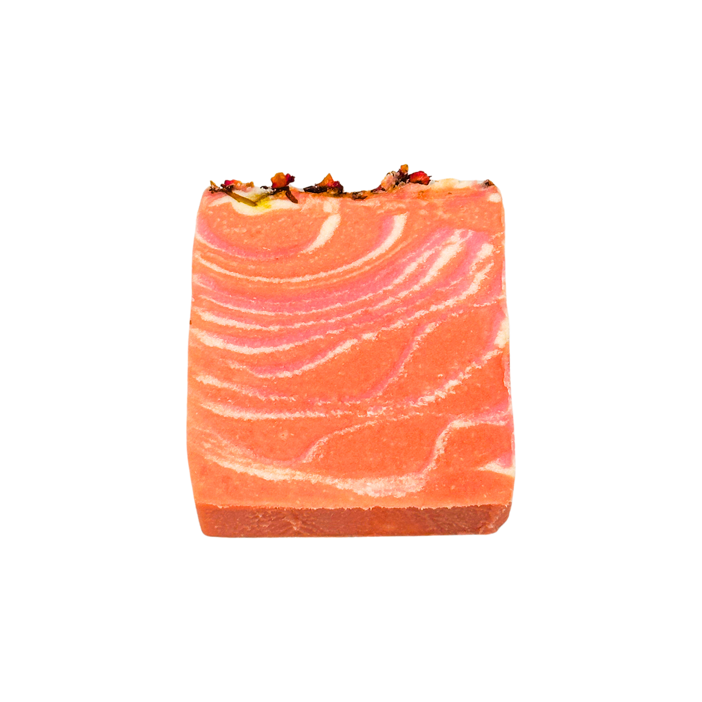 Marbled pink and orange soap bar on a white background