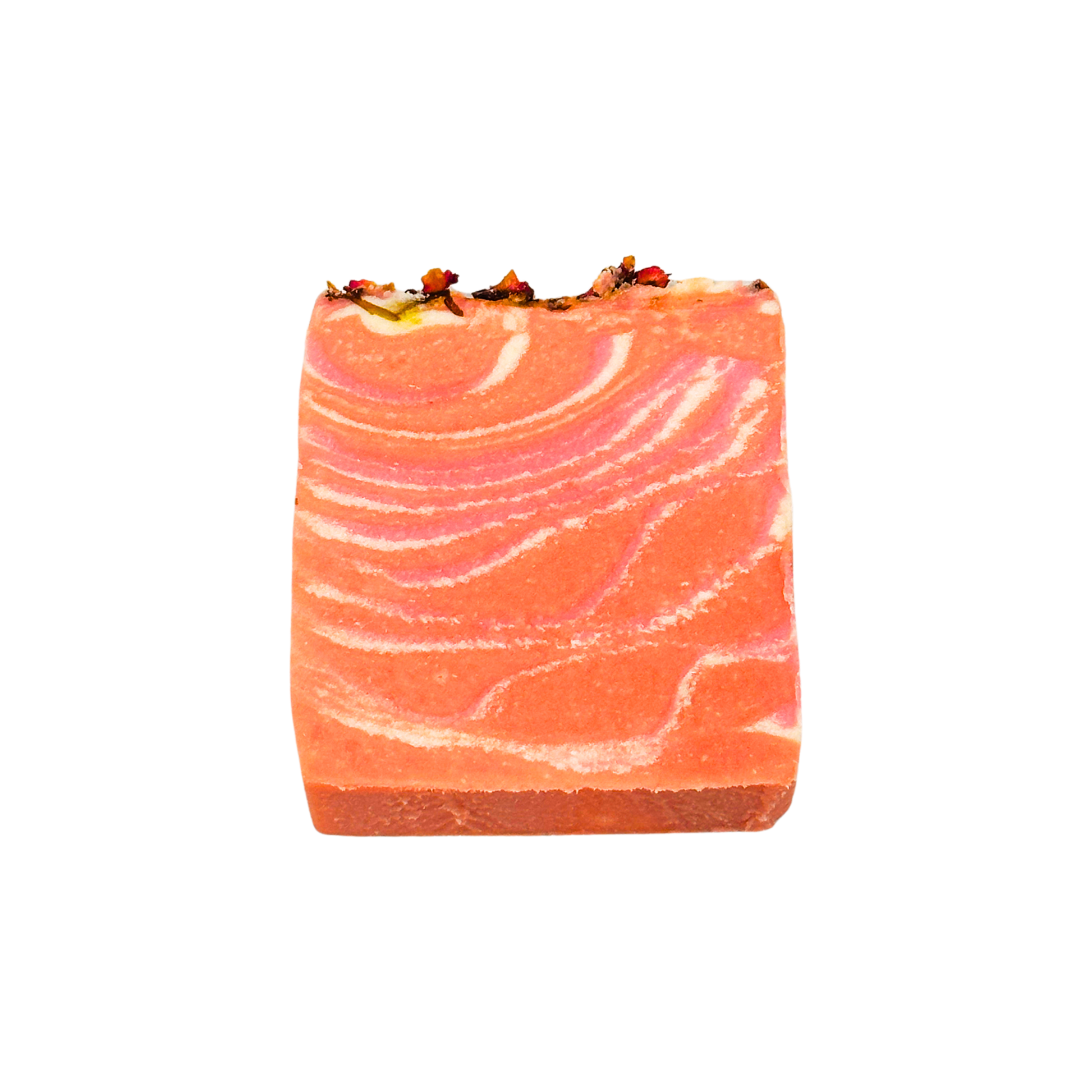 Marbled pink and orange soap bar on a white background
