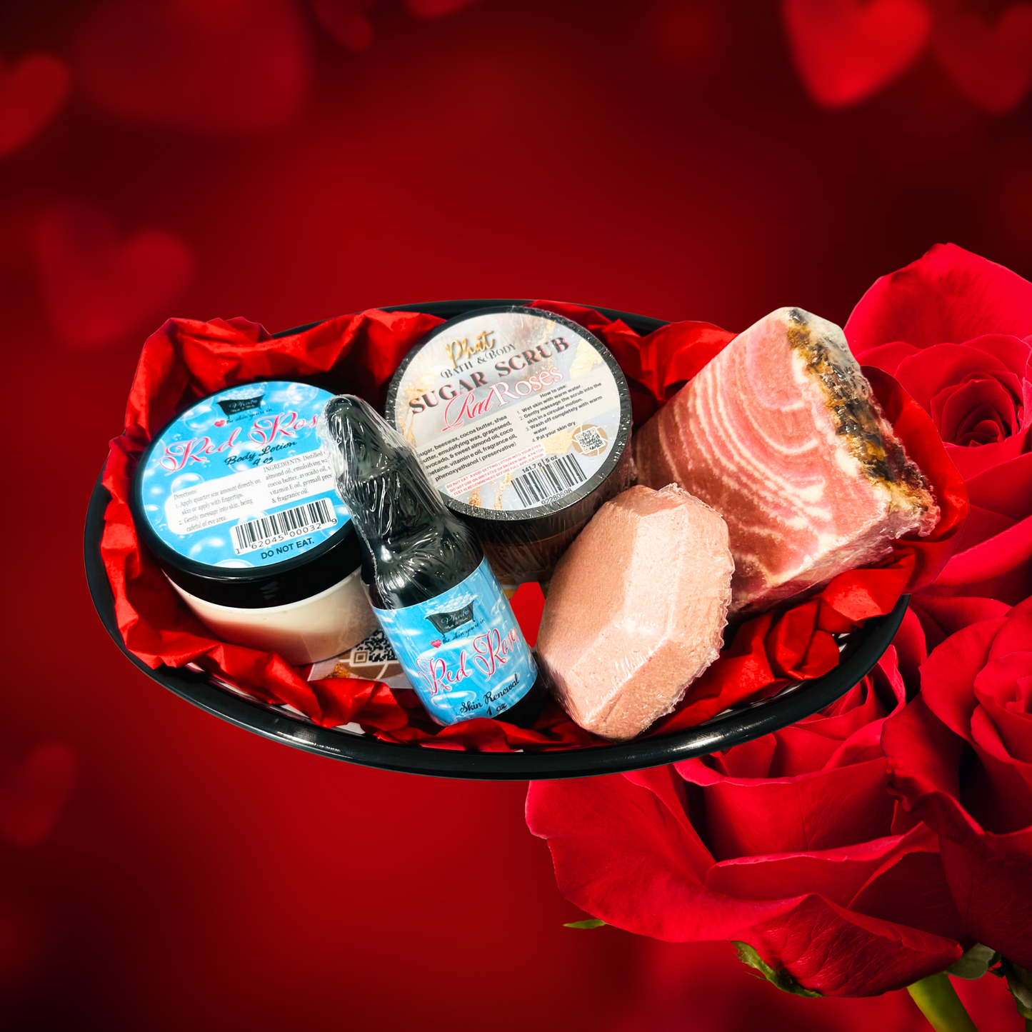 Assorted beauty products including jars, bottles, and a soap on a red heart-shaped background.