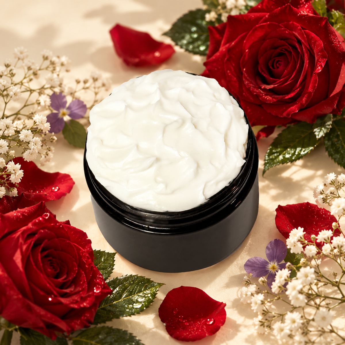 Open jar of Phat Bath & Body Red Roses Body Lotion with creamy white lotion surrounded by red roses, green leaves, violet accents, and fresh florals.