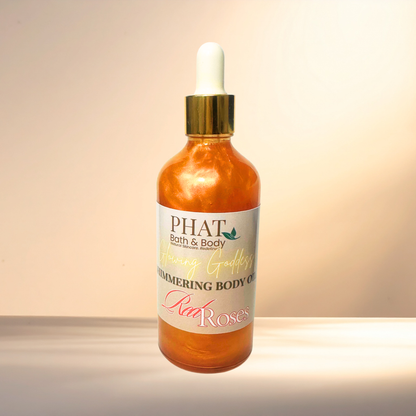 Bottle of 'PHAT Bath & Body' shimmering body oil with a gold cap on a gradient background